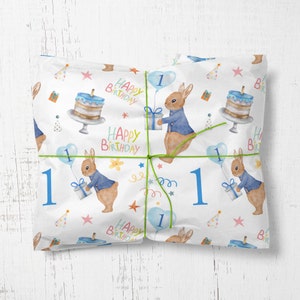Papel de embrulho para coelho de 1º aniversário, papel de embrulho para menino de aniversário, papel de embrulho para crianças, papel de embrulho para coelho azul