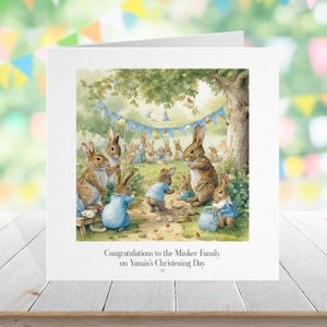 Carte de baptême pour garçon, Lapin avec son nouveau-né, Illustration aquarelle de fête, Carte de baptême bleue de félicitations pour fils, petit-fils, 20 ans