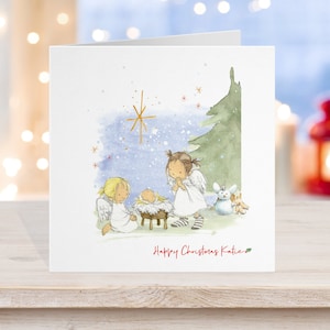 Nativity Card, Nativity set scene, carte de la nativité, Kids Christmas card, Watercolour Christmas card nativity play away in a manger