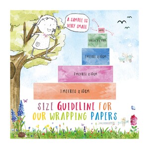 May include: A colorful illustration of a size guide for wrapping paper. The illustration features a girl in a tree, a sample sheet, and a series of sheets in different sizes. The text reads: "A sample is very small", "Sheet 50x10cm", "1 metre x 60cm", "2 metres x 60cm", "3 metres x 60cm", "Size Guideline for Our Wrapping Papers".