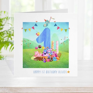 Snoepjes 1e verjaardagskaart, snoep gepersonaliseerde verjaardagskaart, kinderverjaardagskaart, elke leeftijd, bijpassend snoeppapier en cadeaulabels beschikbaar