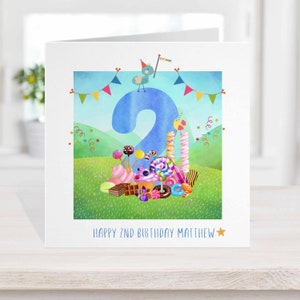Snoepjes 2e verjaardagskaart, Blue Candy gepersonaliseerde verjaardagskaart, kinderverjaardagskaart, elke leeftijd, bijpassend snoeppapier en tags beschikbaar