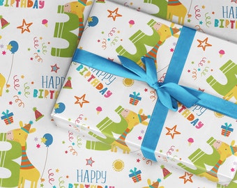 Kids 3rd Birthday wrapping paper, Giraffe Wrapping paper for childrens wrapping paper, third birthday gift wrap, Gender neutral gift wrap