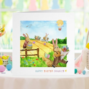 Osterkarte - personalisierte Osterhasenfamilien-Grußkarte, Osterkaninchenkarte, Enkel-Enkelin-Kinder-Eiersuche, Hase niedliches Aquarell