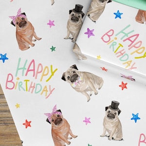 Lustige Mops Geburtstagspapierrolle, alles Gute zum Geburtstag Hund Geschenkverpackung, Mädchen Junge Mops Karte und Geschenkverpackung Hund, Haustier Hund Geschenkpapier Geburtstagshut