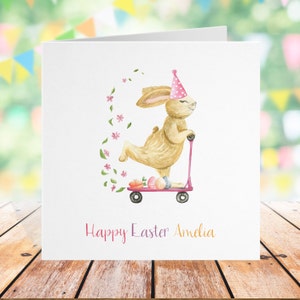 Osterkarte - personalisierte Kaninchen-Roller-Grußkarte, Osterhasen-Karte, Enkelin-Mädchen-Kinder-Eiersuche, Hase niedliches hübsches Aquarell
