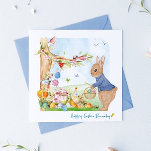 Personalisierte Osterkarte, Blaues oder Rosa Kaninchen Design & Geschenkpapier, Happy Egg Hunt Korb Aquarell Illustration 1.2.3.4