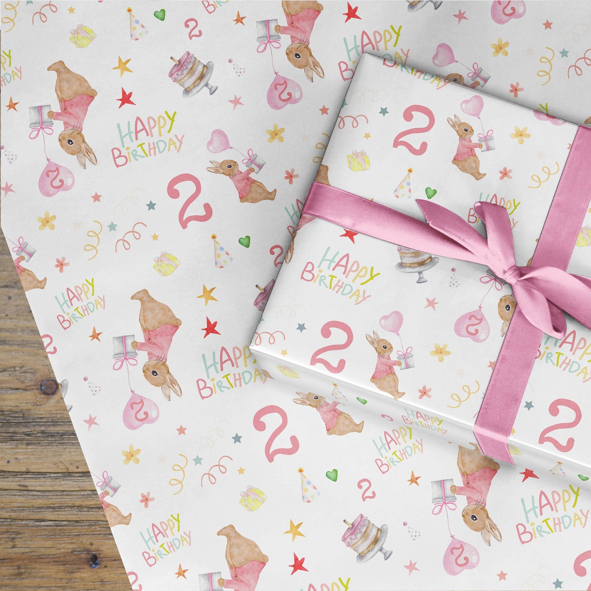 2nd Birthday Girl Wrapping Paper Rabbit Design Second | Etsy UK