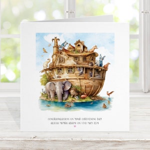 Tarjeta de bautismo del arca de Noé, tarjeta de bautizo personalizada, barco bíblico, padrino madrina padrino Dios Jesús religioso, caprichoso peculiar NA9