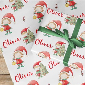 Papier do pakowania prezentów na Boże Narodzenie w Wielkiej Brytanii, rolka lub składany, elf Świętego Mikołaja, dla chłopców i dziewcząt, unisex, imię na papierze, pomocnik Świętego Mikołaja