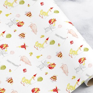 May include: White wrapping paper with a repeating pattern of pink pigs, yellow chicks, gray mice, and red presents. The pattern also includes green leaves, red and white birthday hats, and the text "Happy Birthday".