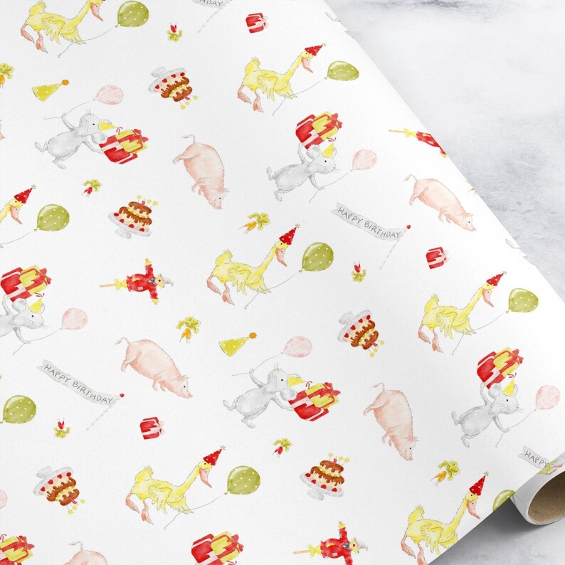 May include: White wrapping paper with a repeating pattern of pink pigs, yellow chicks, gray mice, and red presents. The pattern also includes green leaves, red and white birthday hats, and the text "Happy Birthday".