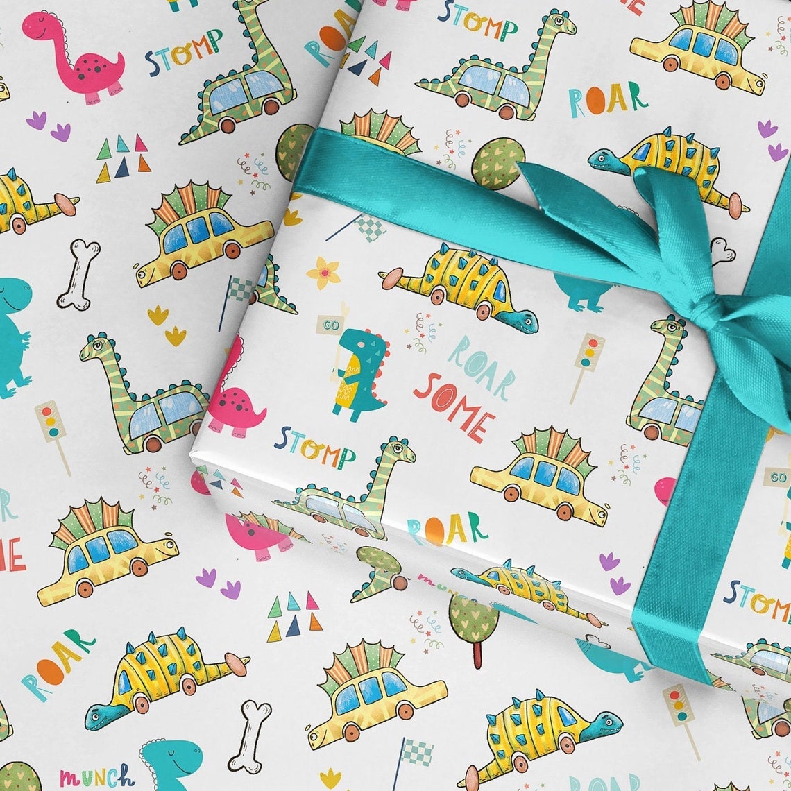 Wrapping Paper Roll Dinosaur Birthday Wrapping Paper Gift Etsy