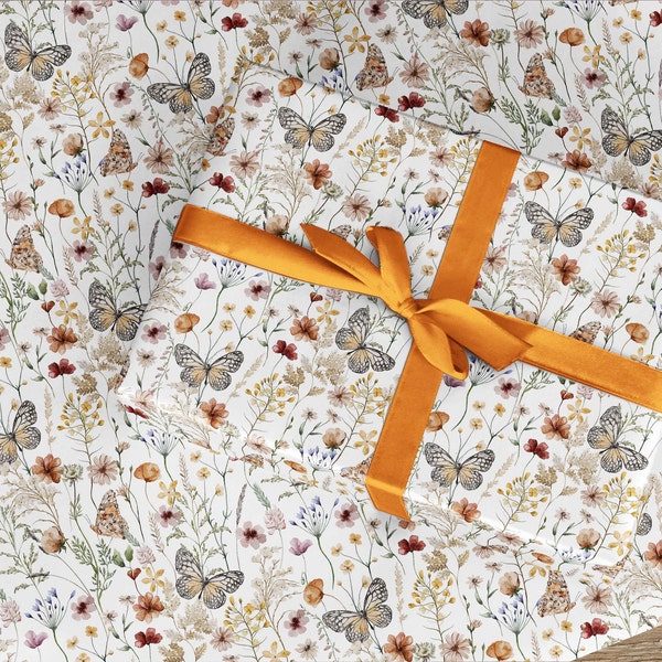 Butterfly wrapping paper roll, Wild Garden Nature Flower Country Gift wrap, pretty birthday gift wrap -|- sent folded or rolled