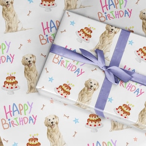 Golden retriever verjaardag inpakpapier, Goldie hond verjaardagskaart huisdier cadeaupapier vellen, puppy inpakpapier dier