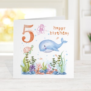 Cartões de aniversário sob o mar, cartão de aniversário infantil baleia, cartão de aniversário infantil, cartão de 5º aniversário