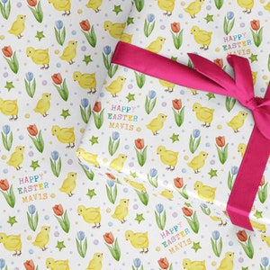 Gepersonaliseerde inpakpapierrol voor Pasen, cadeaupapier baby kip, cadeaukaarten pasen, paaseieren inpakken, leuke schattige konijntjesjacht