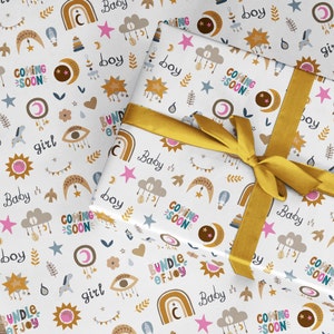 Papier de fête pour baby shower, rouleau de papier cadeau pour bébé, emballage neutre en matière de genre garçon fille, nouvelle maman envoyée roulé/plié au Royaume-Uni