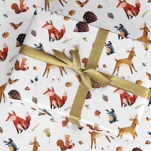 Carta da regalo - Animali del bosco, volpe, riccio, cervo, gufo, tasso, carta da regalo per compleanno, fodera per cassetti, adesivi coordinati per rilegatura libri