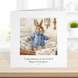 Carte de naissance pour garçon, carte de baptême pour garçon, chemise bleu lapin, illustrations à l'aquarelle, fils petit-fils filleul, félicitations arrivée 9