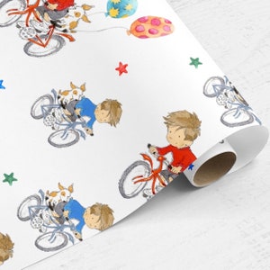 Geschenkpapierrolle für Jungen auf dem Fahrrad, Geschenkpapier für Jungen auf dem Fahrrad, Geburtstagspapier