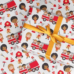 Fireman Wrapping paper, Fire Truck Wrapping Paper, Kids wrapping paper, Fire engine wrapping paper, Fire lady birthday paper, gender neutral