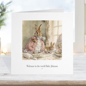 Nouvelle carte de sexe neutre, carte de baptême, lapin avec nouveau bébé, illustrations à l'aquarelle, fille garçon, félicitations arrivée 15