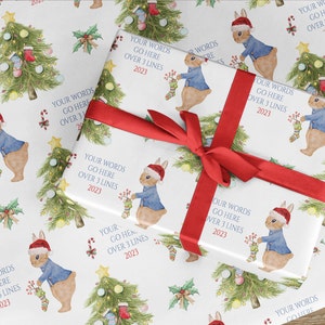 Personalisiertes Weihnachtsgeschenkpapier, erstes Weihnachtsbaby, Kaninchen-Geschenkpapier, Kaninchen-Geschenkverpackung, Weihnachtskaninchen, Rot, Rosa oder Blau