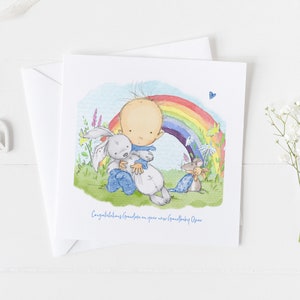 Nueva tarjeta de bebé con un arco iris - Nueva tarjeta de niña, Felicitaciones eres una nueva tarjeta de abuelo, tarjeta de hermana mayor, nueva tarjeta de madre