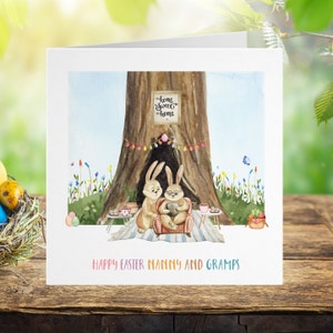 Osterkarte - Personalisierte Nanny Grandad Familie Grußkarte, Osterhasenkarte, Enkel Enkelin Kinder Eiersuche, niedliches Aquarell