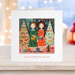 Carte de Noël lesbienne gay, Père Noël Lgbtq+ Fierté, Couple gay femmes Lady, Fun rétro des années 70, amoureux. L 12