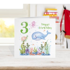 Unter dem Meer Geburtstagskarten, Whale Kids Geburtstagskarte, Kindergeburtstagskarte, 3. Geburtstagskarte