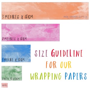 May include: Size guideline for wrapping paper in various sizes. The sizes are 3 metres by 60 centimetres, 2 metres by 60 centimetres, 1 metre by 60 centimetres, and a sheet that is 50 by 70 centimetres.