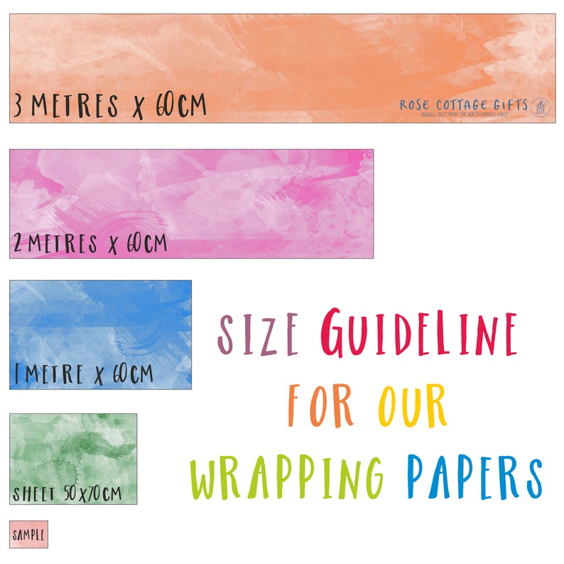 May include: Size guideline for wrapping paper in various sizes. The sizes are 3 metres by 60 centimetres, 2 metres by 60 centimetres, 1 metre by 60 centimetres, and a sheet that is 50 by 70 centimetres.
