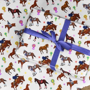 Pferd Geburtstagspapier, Springen Geschenkpapier oder Rolle, süßes Pony Cob Shetland welsh Reiter, Zaumzeug und Zaumzeug