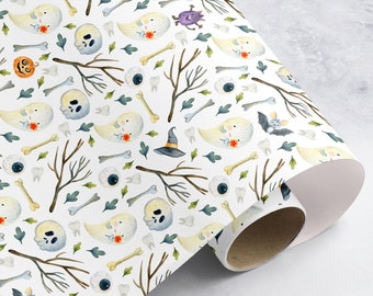 Halloween Wrapping Paper Roll: Spooky Ghost, Skull & Bat Design