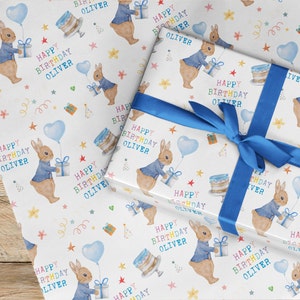 Geburtstagsgeschenkpapier, Personalisiertes Geschenkpapier für Kinder, Kaninchendesign Pink oder Blau, 1.2.3.4.5., Tischdecke, Geschenkpapier