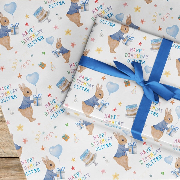 Papier cadeau d'anniversaire, personnalisé à tout âge, tout nom, emballage cadeau d'anniversaire pour enfant, motif lapin rose ou bleu, 1er 2e 3e 4e 5e, nappe