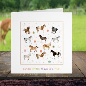 Paardverjaardagskaart gepersonaliseerd voor elke leeftijd, kinderverjaardagskaart en bijpassend pony-inpakpapier, cadeaulabel beschikbaar Pony Club Cob Shire pony's