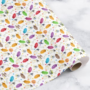 May include: White wrapping paper with a repeating pattern of colorful leaves, ghosts, bats, skulls, bones, and pumpkins. The pattern is perfect for Halloween gift wrapping.