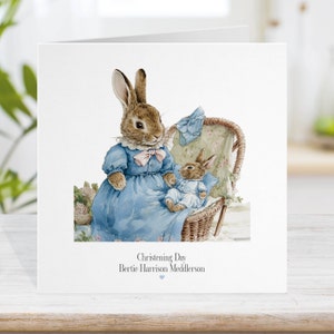 Carte de baptême pour garçon, Lapin avec son nouveau-né, Illustration à l'aquarelle, Arrivée de félicitations, Carte de baptême bleue pour fils, petit-fils, 19 ans