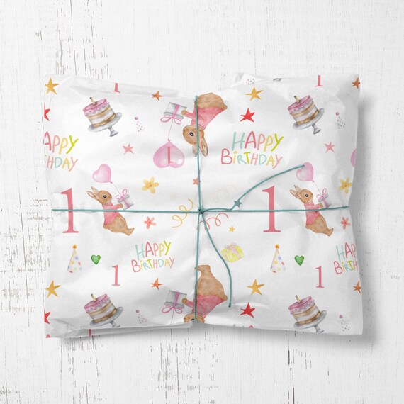 Kids 1st Birthday Wrapping Paper in Pink, 1st Birthday Baby Girl