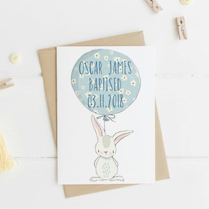 Taufkarte für Mädchen, Taufkarte für Jungen. Taufkarte für Mädchen, Taufkarte für Jungen. Hase mit Ballon Taufkarte