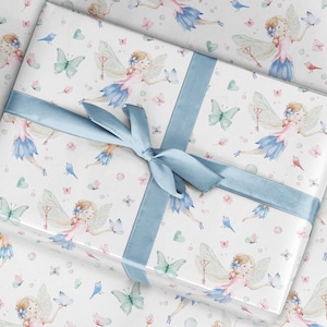Geschenkpapierrolle mit Fee & Blumen Feen Geschenk, Süße Aquarellfee so hübsch und klassisch blau