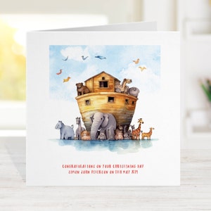Tarjeta de bautizo del arca de Noé, tarjeta de bautismo personalizada, padrino madrina padrino Biblia Dios religioso, acuarela caprichosa peculiar NA15