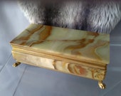 Green and Brown Marbled Onyx Cigar Box, Hinged Lid, Rests on 4 X Gold Metal Feet, Cigarettes or Gigars, Quality Interior Decor, Vintage .