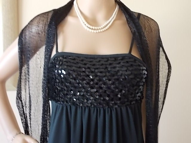 Image of Black Empire Dress Size  X Uk - Full Length Sequin Top High Bust Line Shoe String Straps English S Vintage Dress