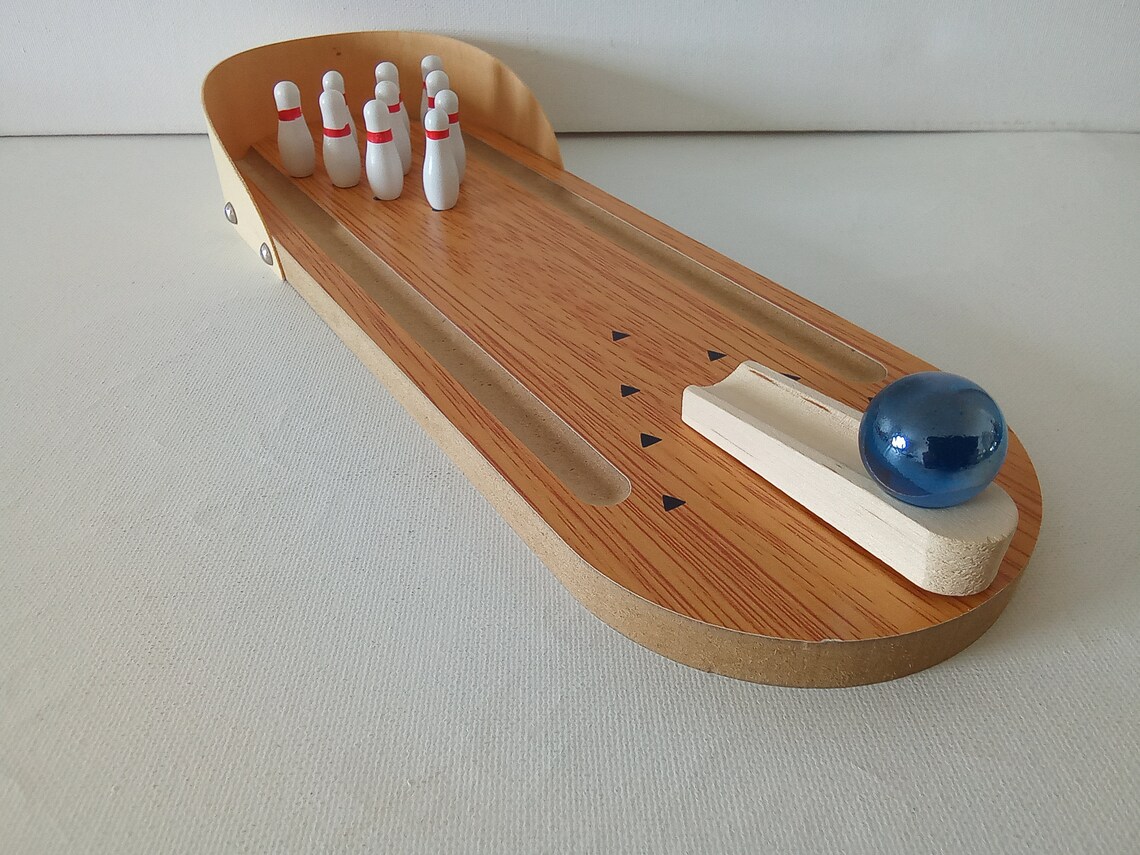 Mini Ten Pin Desktop Bowling Alley Game Wooden Skittles Etsy