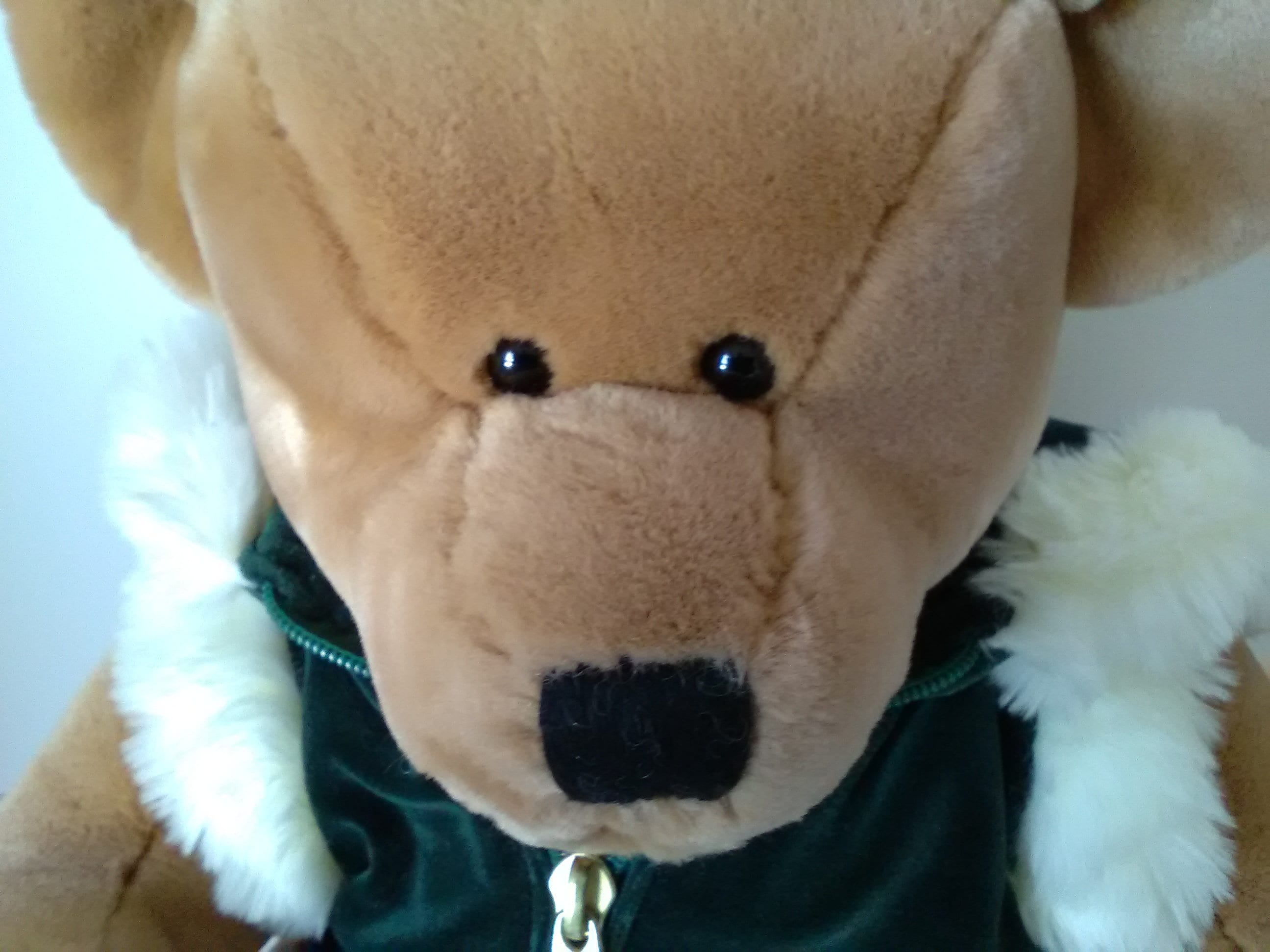 Harrods Christmas Bear 2001 Green Velvet Coat with White Fur Trim 17 Collectible Bear