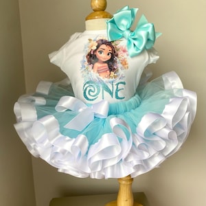 Vestito di compleanno di Moana per bambina - Gonna tutù blu acqua + body - Set per il primo compleanno con fiocco